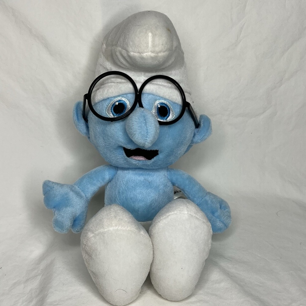 Brainy Smurf Plush Toy w Glasses 12" Blue White Hat Stuffed Smurfs Doll
